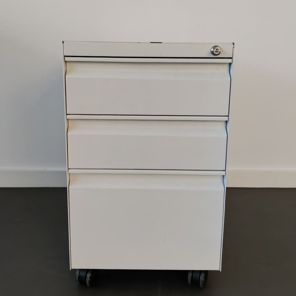 Office Roller Desk Container - White with 3 Lockable Drawers 54x38x56 cm - Used